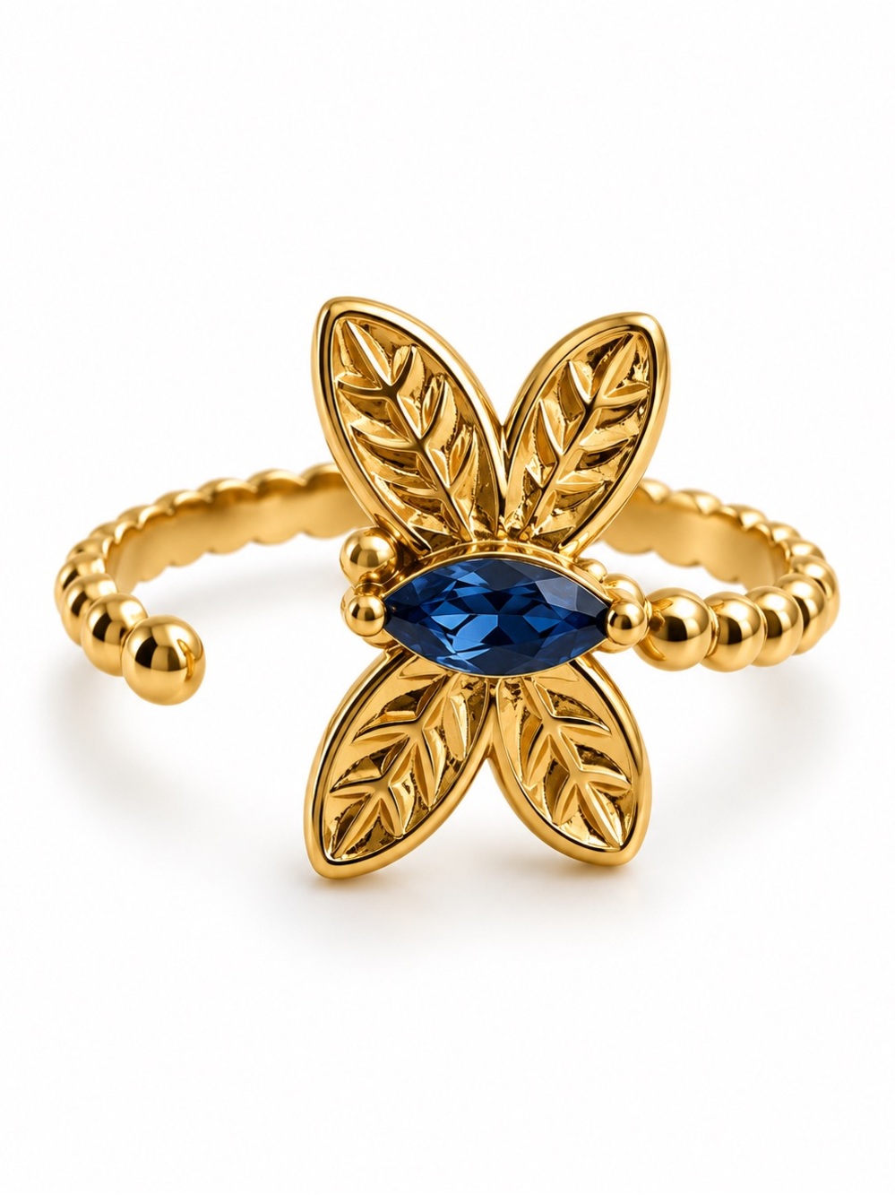 Gold Plated Wings of Nature Ring with Blue Crystal Center - adjustable